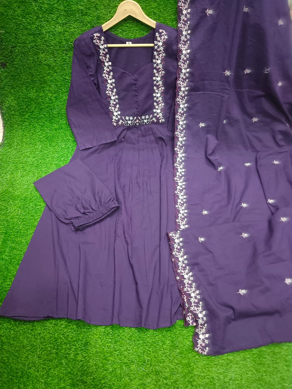 Cakshaya Jacarta Puple Embroidery Mulmul Cotton Anarkali Suit Set with Pant and Dupatta Kurtisthan