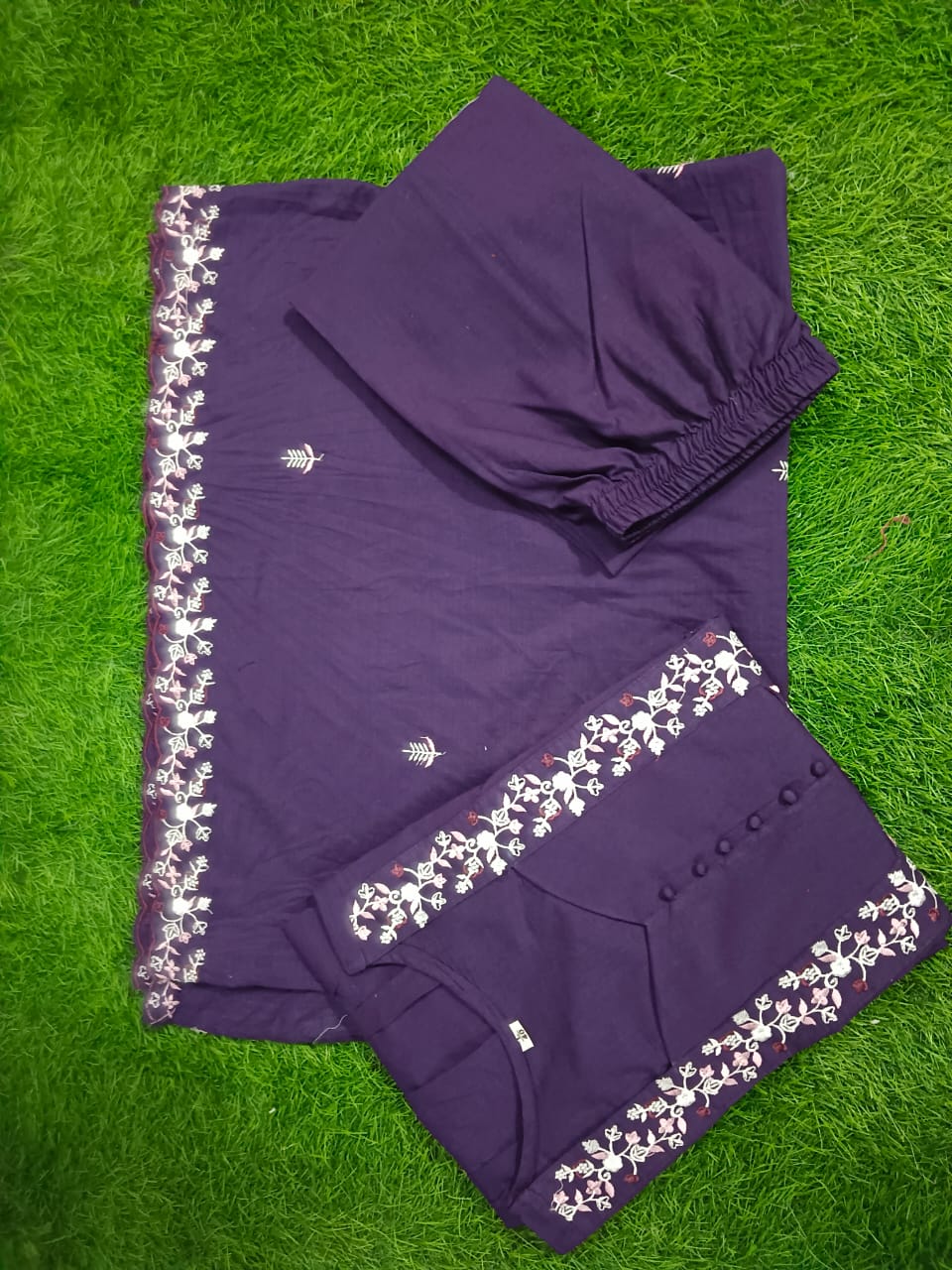 Cakshaya Jacarta Puple Embroidery Mulmul Cotton Anarkali Suit Set with Pant and Dupatta Kurtisthan