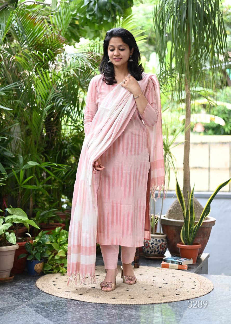 Chahana Pink Strip Printed Weaving Suit with Handloom South Cotton Dupatta and Trousers Kurtisthan