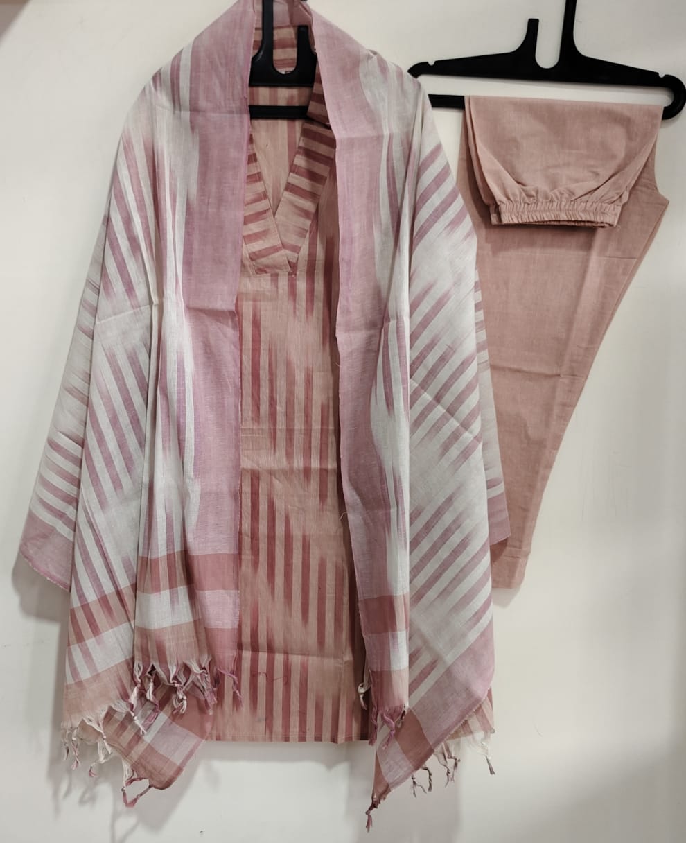 Chahana Pink Strip Printed Weaving Suit with Handloom South Cotton Dupatta and Trousers Kurtisthan