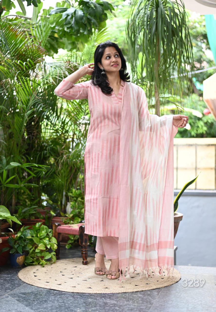 Chahana Pink Strip Printed Weaving Suit with Handloom South Cotton Dupatta and Trousers Kurtisthan