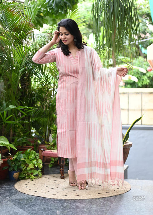 Chahana Pink Strip Printed Weaving Suit with Handloom South Cotton Dupatta and Trousers Kurtisthan