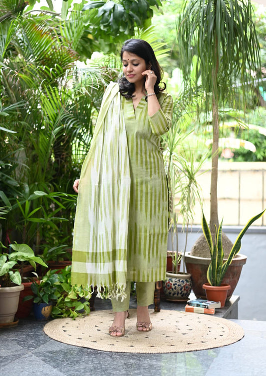 Chahana Green Strip Printed Weaving Suit with Handloom South Cotton Dupatta and Trousers Kurtisthan