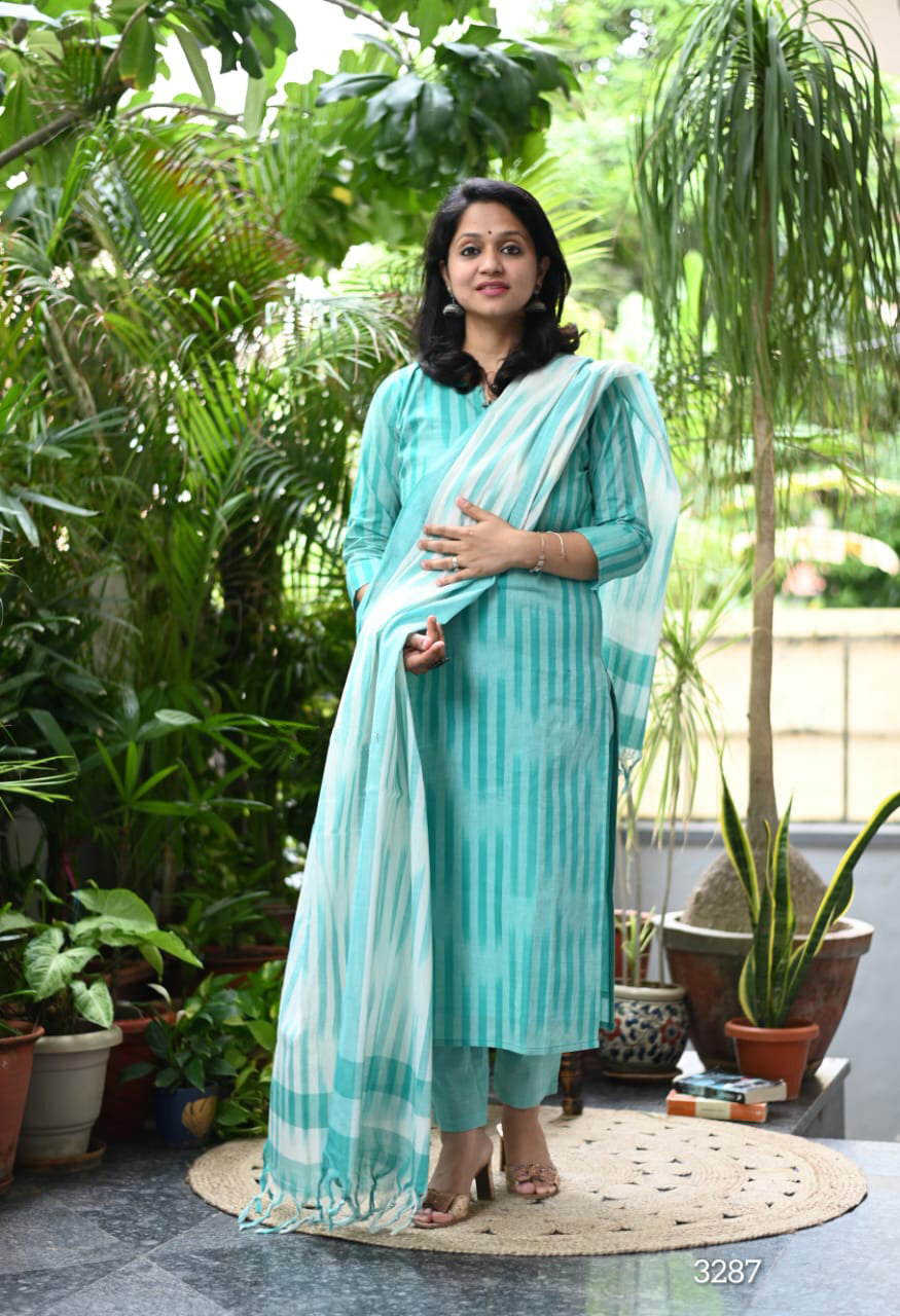 Chahana Turquoise Blue Strip Printed Weaving Suit with Handloom South Cotton Dupatta and Trousers Kurtisthan