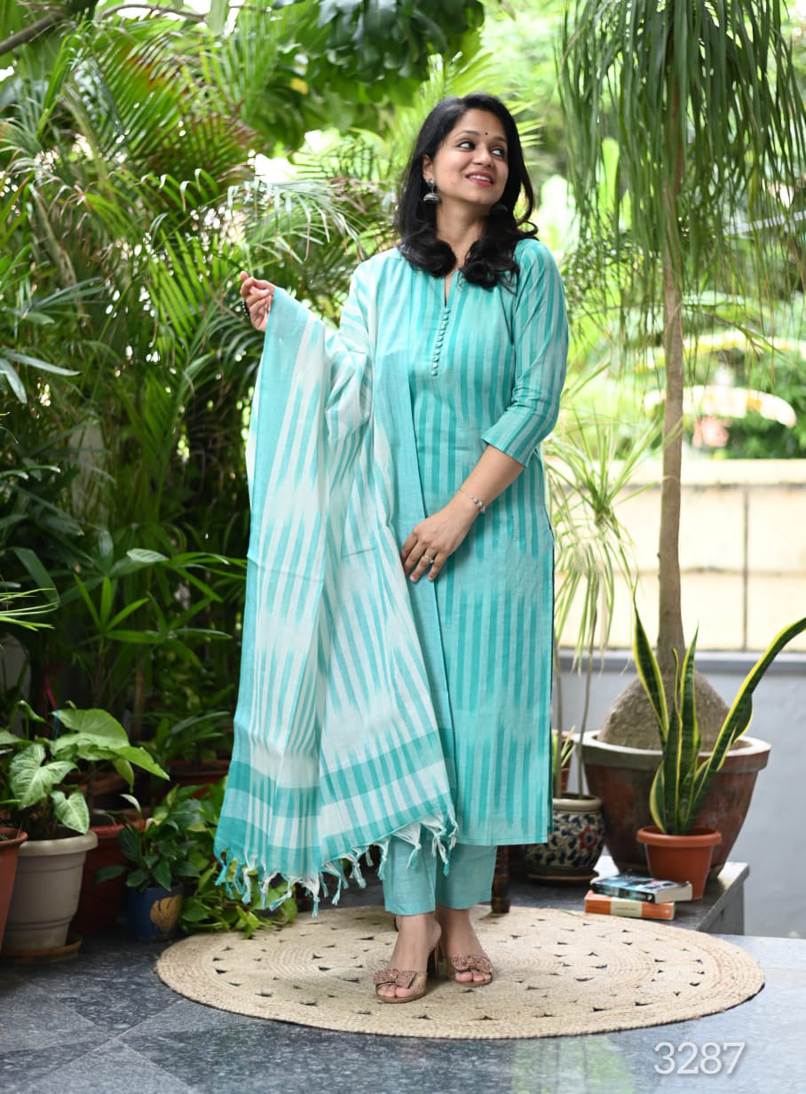 Chahana Turquoise Blue Strip Printed Weaving Suit with Handloom South Cotton Dupatta and Trousers Kurtisthan