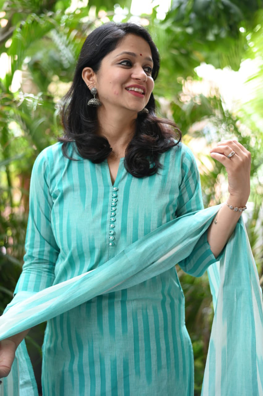 Chahana Turquoise Blue Strip Printed Weaving Suit with Handloom South Cotton Dupatta and Trousers Kurtisthan