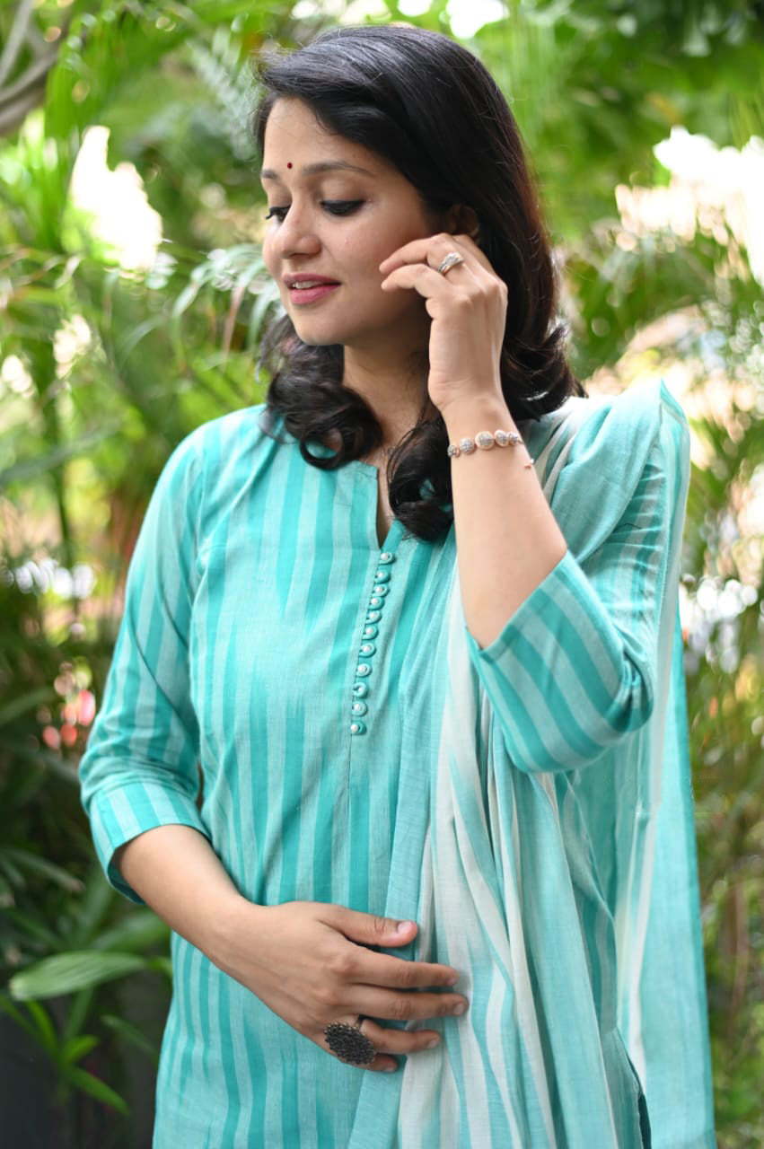 Chahana Turquoise Blue Strip Printed Weaving Suit with Handloom South Cotton Dupatta and Trousers Kurtisthan