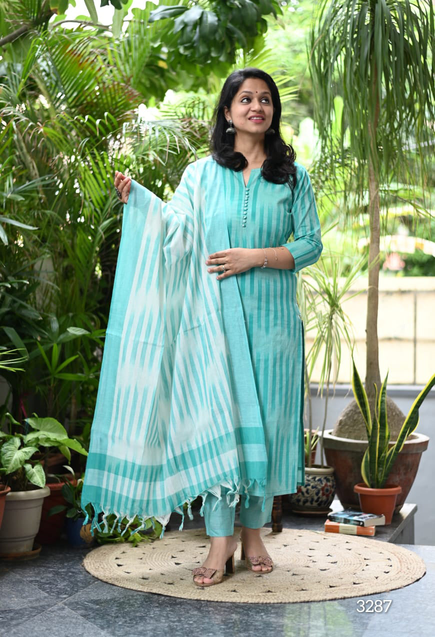 Chahana Turquoise Blue Strip Printed Weaving Suit with Handloom South Cotton Dupatta and Trousers Kurtisthan