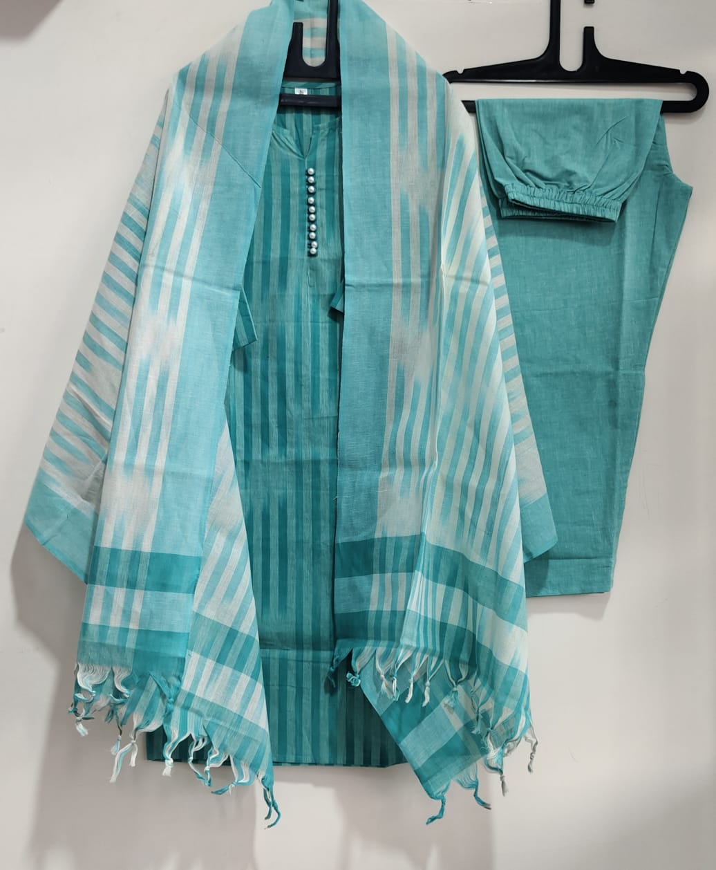 Chahana Turquoise Blue Strip Printed Weaving Suit with Handloom South Cotton Dupatta and Trousers Kurtisthan