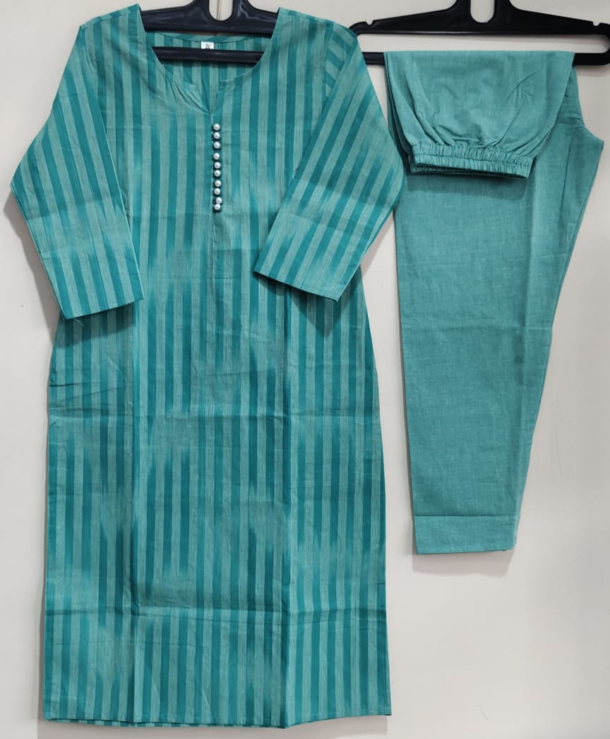 Chahana Turquoise Blue Strip Printed Weaving Suit with Handloom South Cotton Dupatta and Trousers Kurtisthan