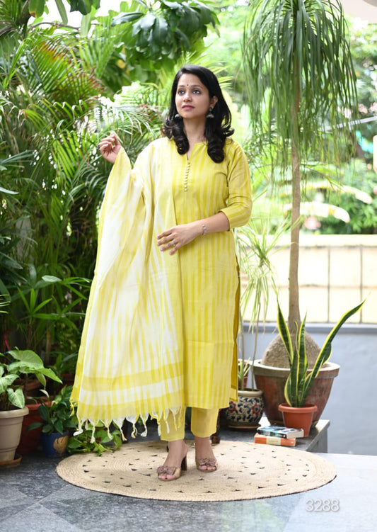 Chahana Wattle Yellow Strip Printed Weaving Suit with Handloom South Cotton Dupatta and Trousers Kurtisthan