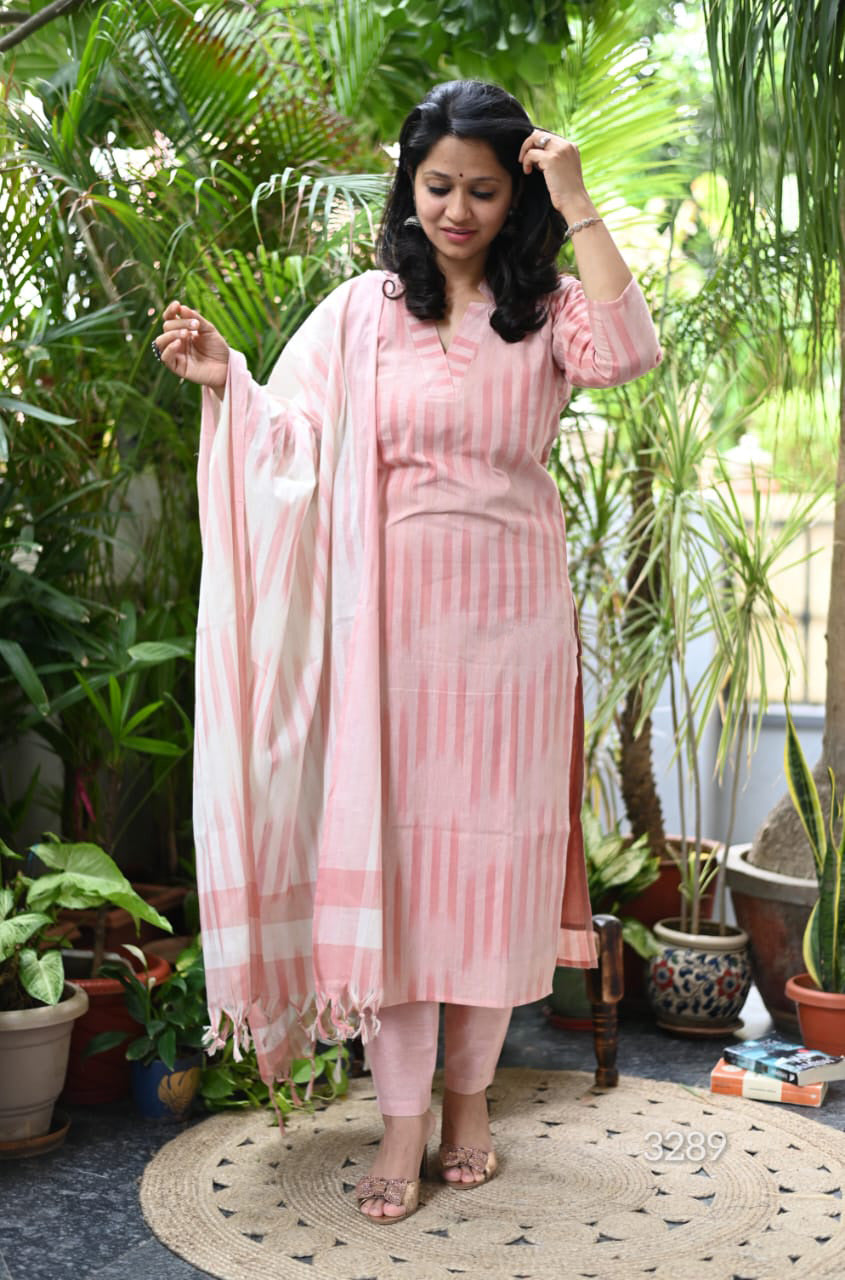 Chahana Pink Strip Printed Weaving Suit with Handloom South Cotton Dupatta and Trousers Kurtisthan