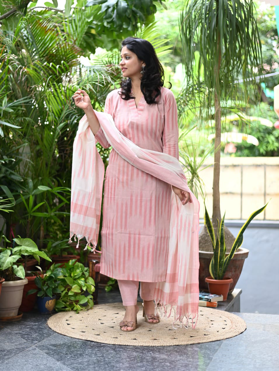 Chahana Pink Strip Printed Weaving Suit with Handloom South Cotton Dupatta and Trousers Kurtisthan