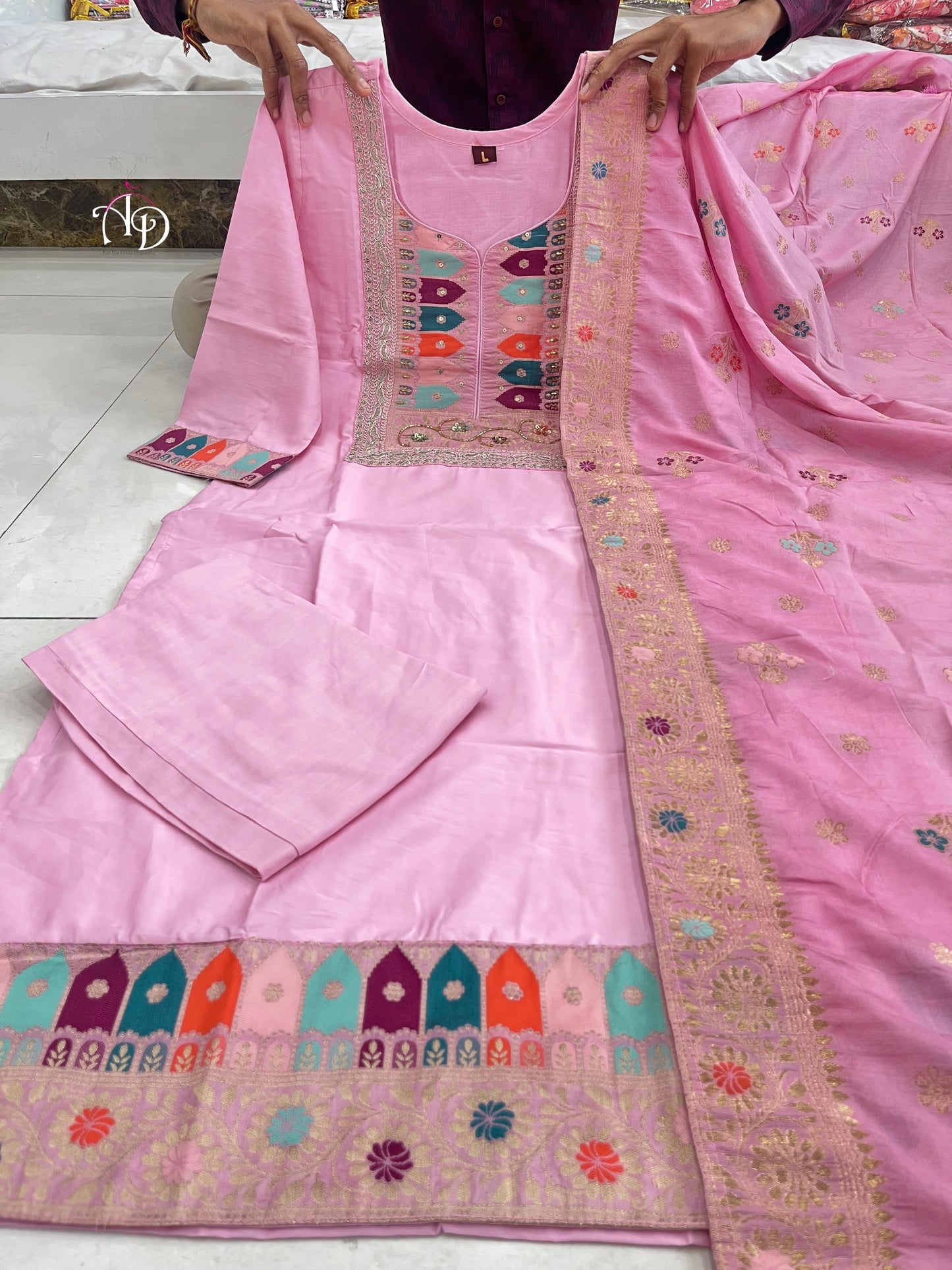 Chandrika Multi Color Jacquard Weave Embroidery Design Work Chanderi Kurta with Pant & Dupatta Kurtisthan