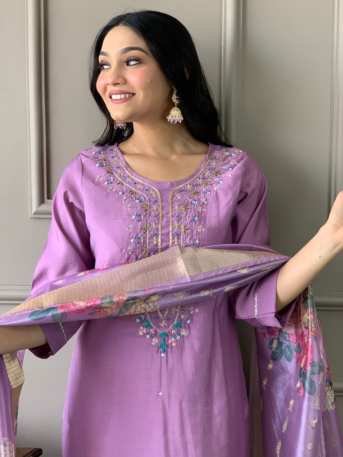 Esha Floral Embroidery Muslin Fabric Kurta Suit Set with Pant and jacquard Chanderi Digital print Dupatta Kurtisthan