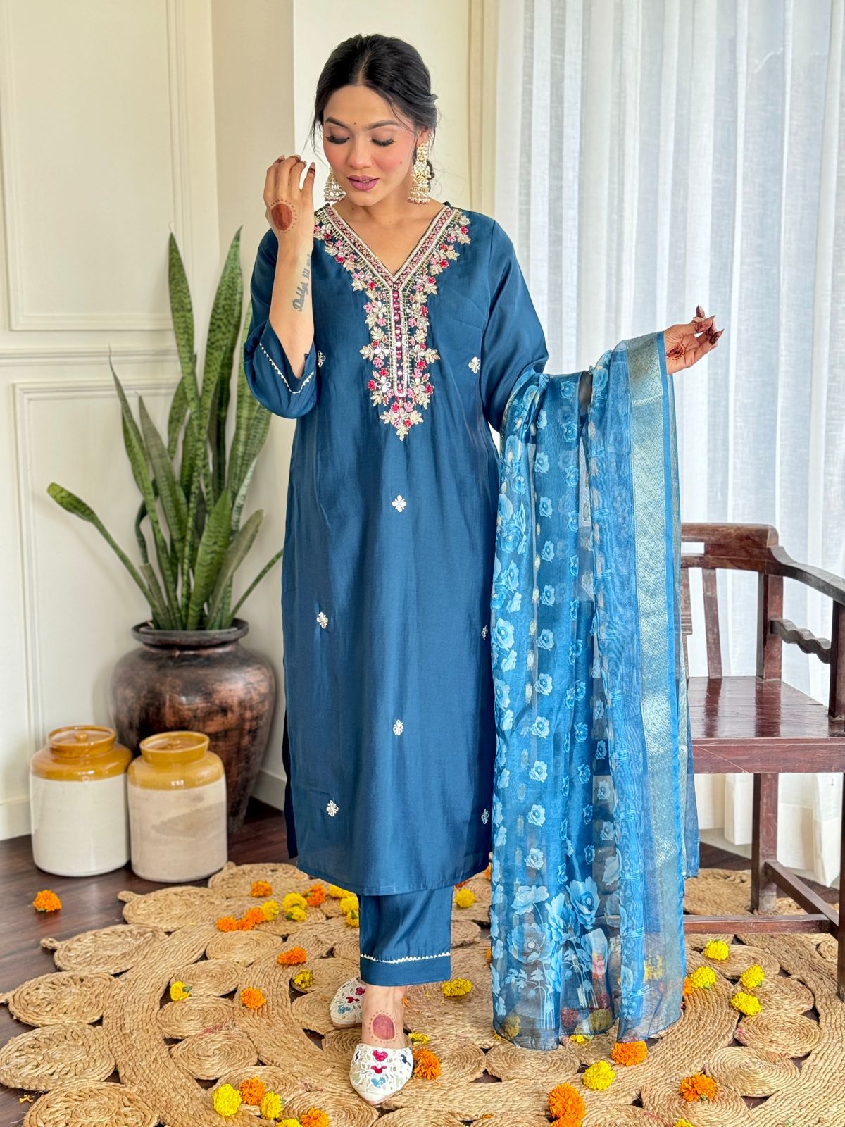 Kangana Beautiful Design Pure Roman Silk Suit set with Pant & Jaquard Border Dupatta Kurtisthan