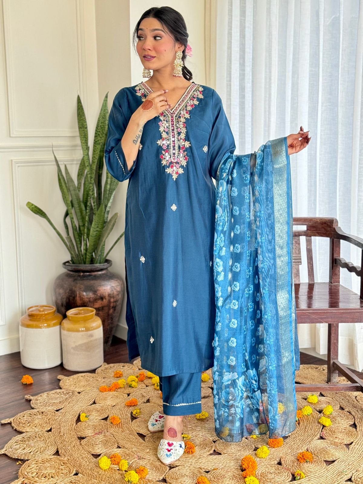 Kangana Beautiful Design Pure Roman Silk Suit set with Pant & Jaquard Border Dupatta Kurtisthan