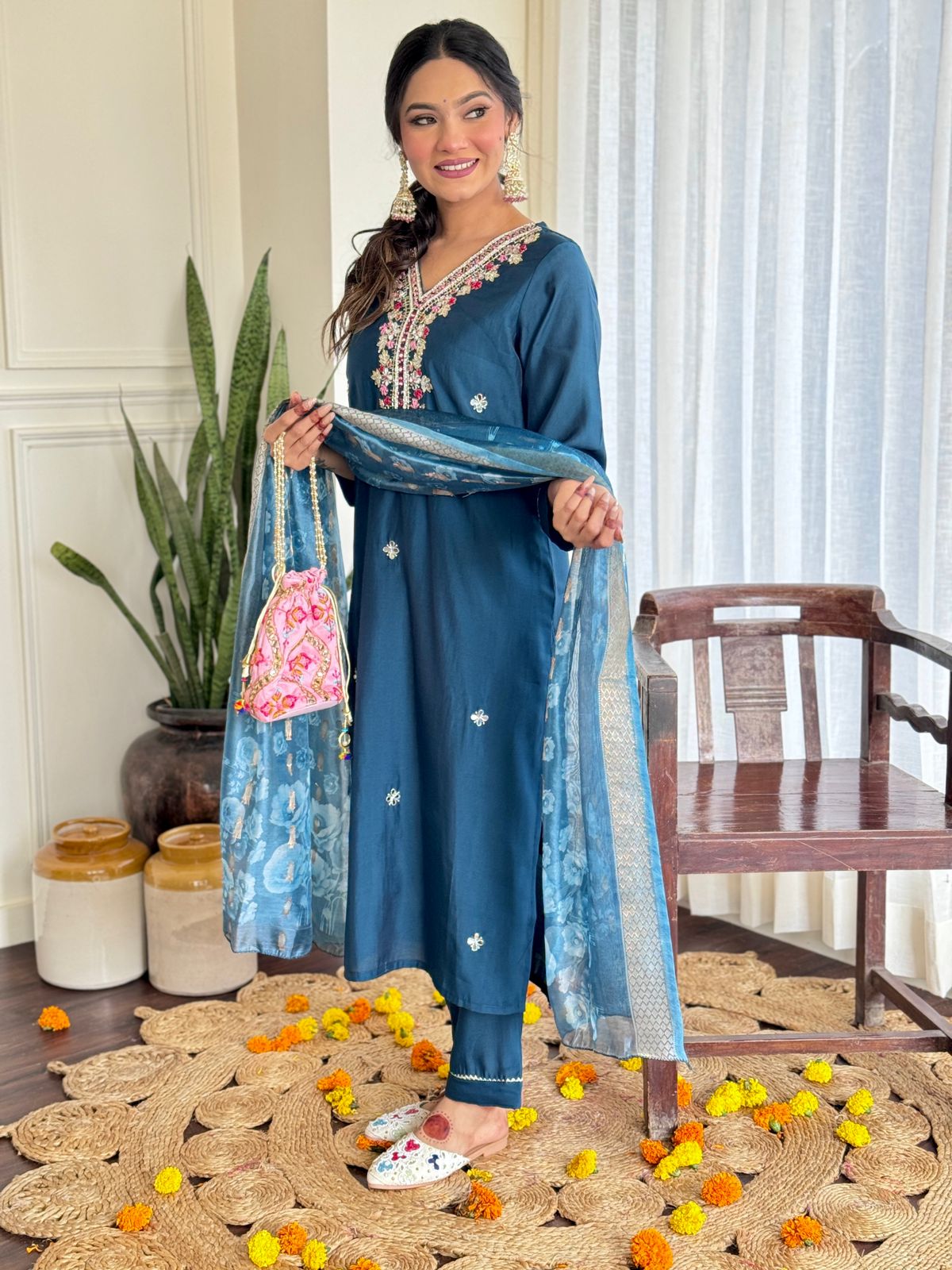 Kangana Beautiful Design Pure Roman Silk Suit set with Pant & Jaquard Border Dupatta Kurtisthan