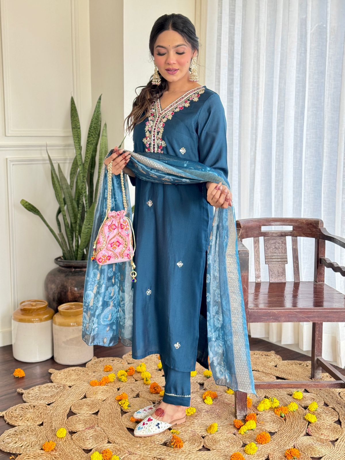 Kangana Beautiful Design Pure Roman Silk Suit set with Pant & Jaquard Border Dupatta Kurtisthan