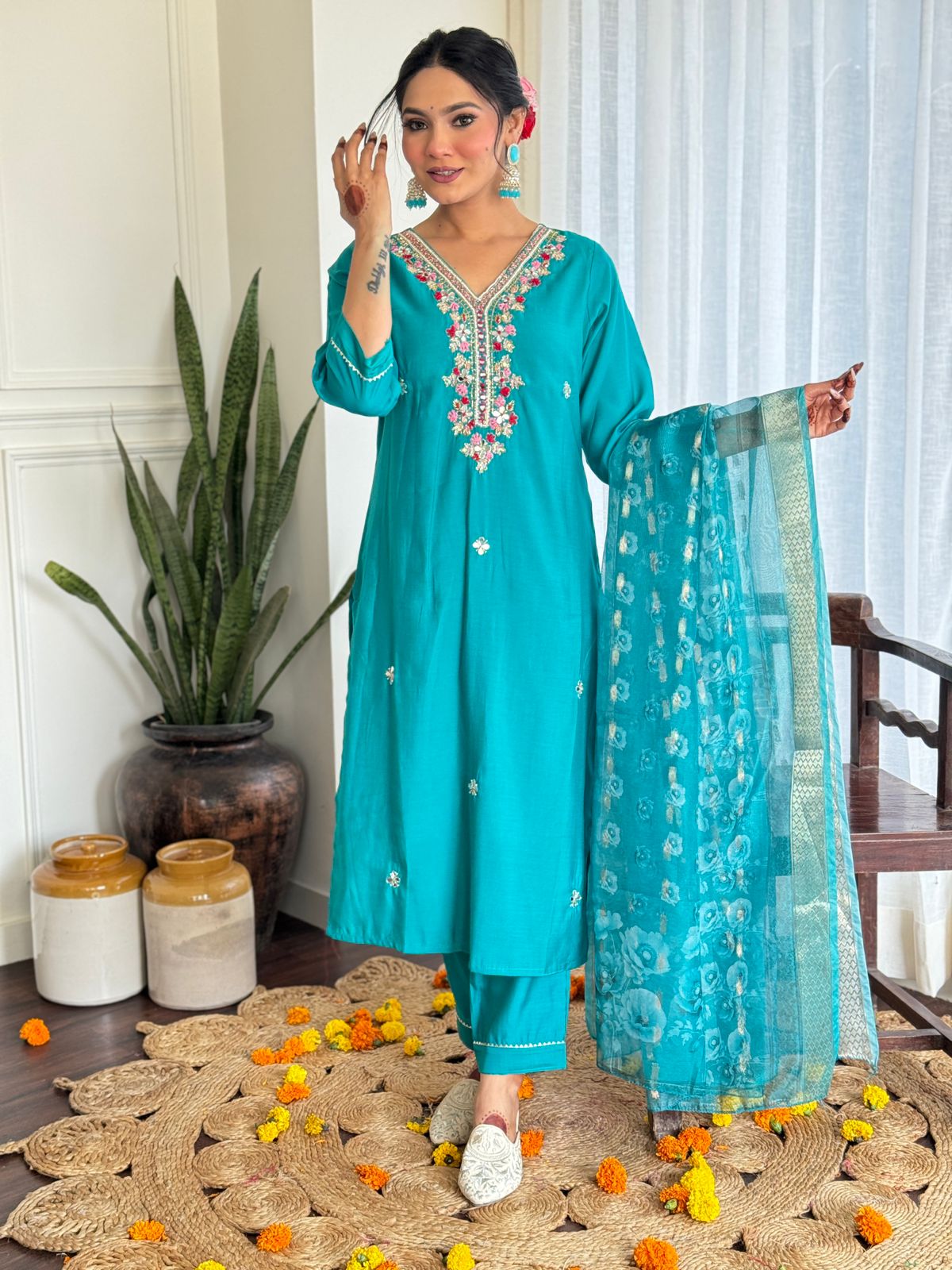 Kangana Beautiful Design Pure Roman Silk Suit set with Pant & Jaquard Border Dupatta Kurtisthan