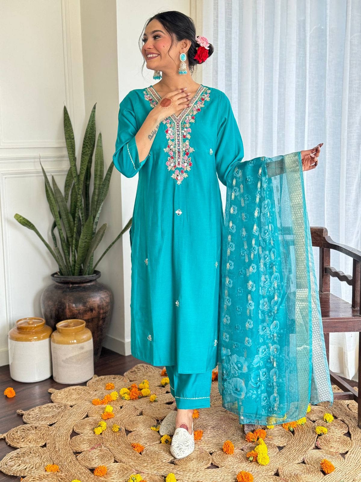 Kangana Beautiful Design Pure Roman Silk Suit set with Pant & Jaquard Border Dupatta Kurtisthan