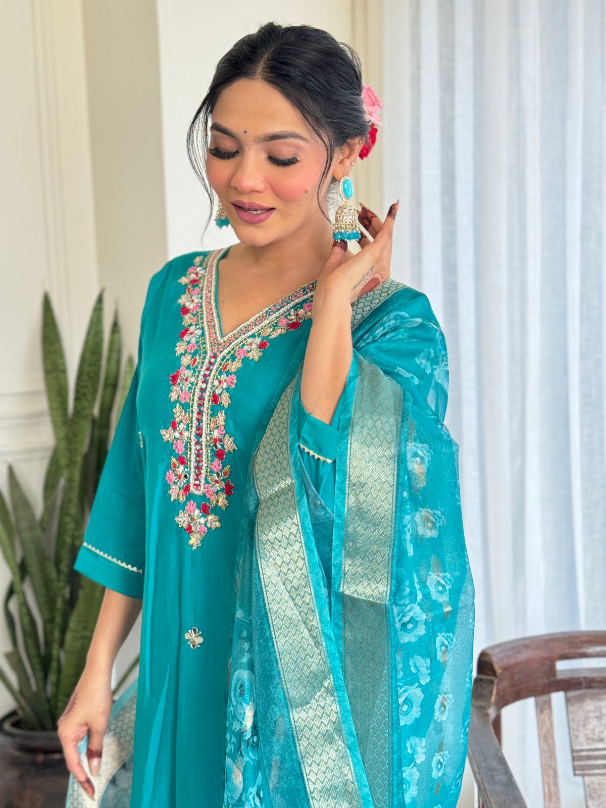 Kangana Beautiful Design Pure Roman Silk Suit set with Pant & Jaquard Border Dupatta Kurtisthan