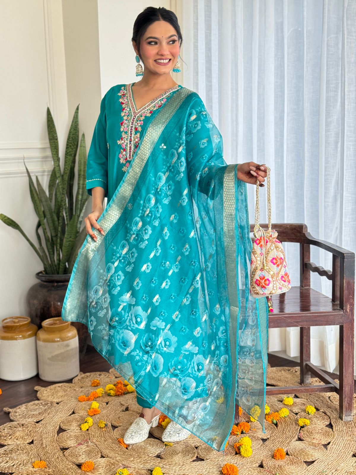 Kangana Beautiful Design Pure Roman Silk Suit set with Pant & Jaquard Border Dupatta Kurtisthan