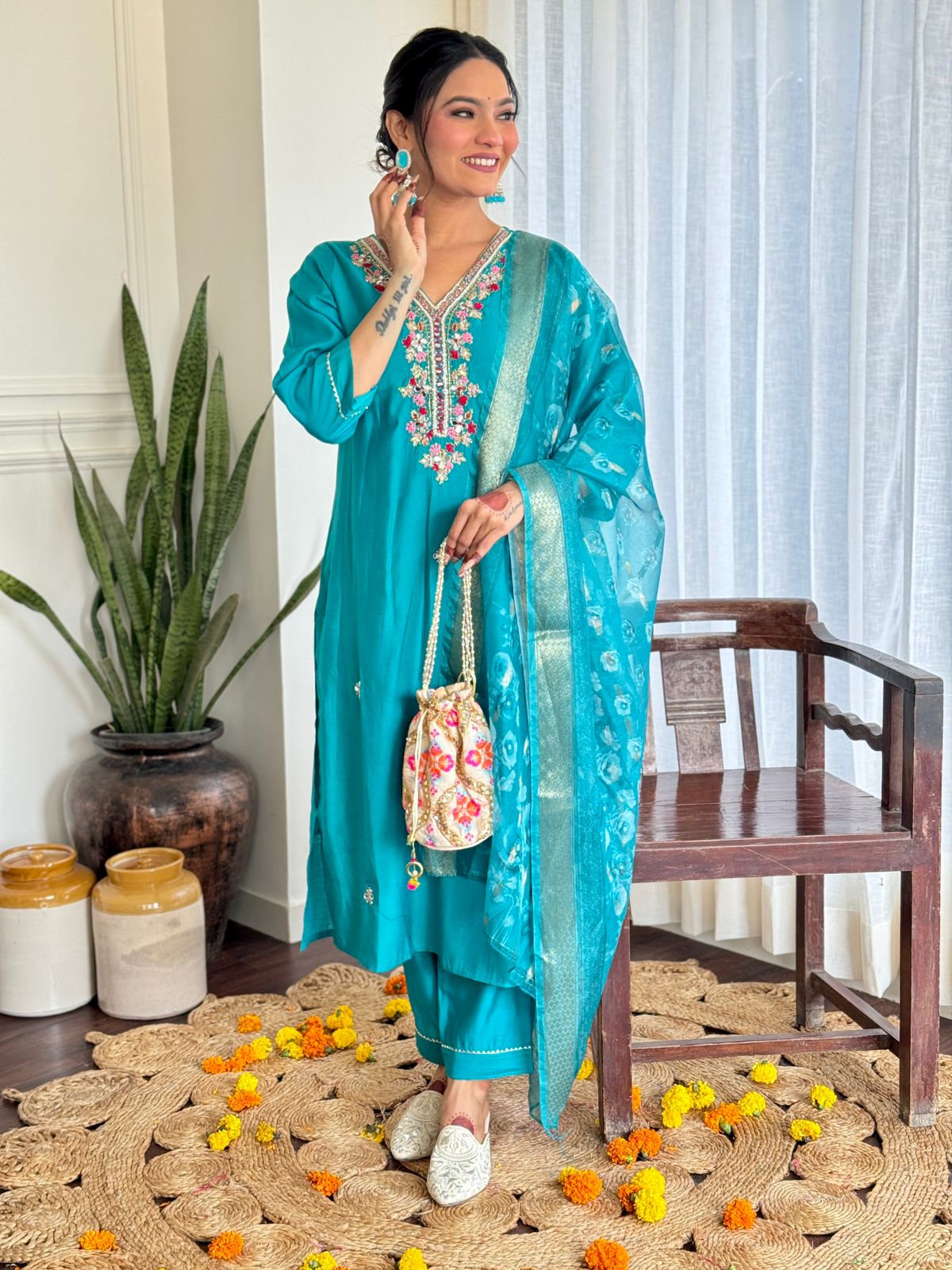 Kangana Beautiful Design Pure Roman Silk Suit set with Pant & Jaquard Border Dupatta Kurtisthan