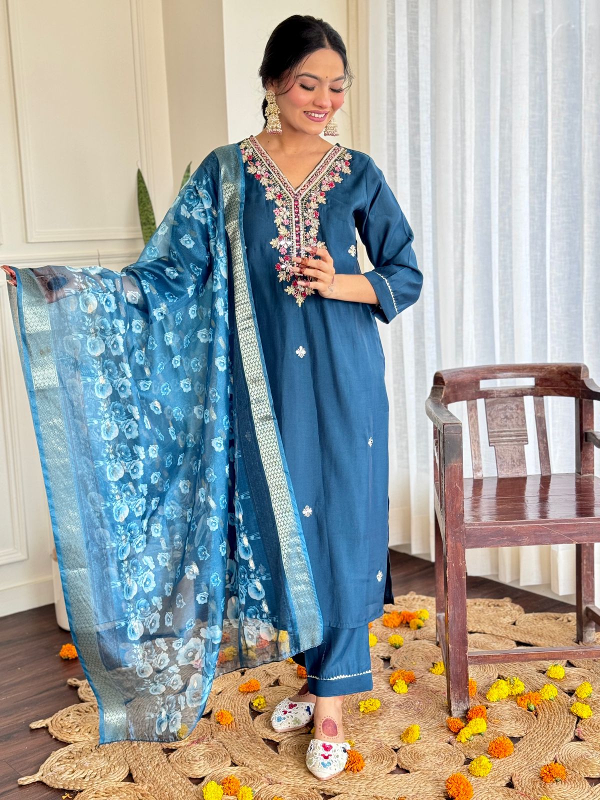 Kangana Beautiful Design Pure Roman Silk Suit set with Pant & Jaquard Border Dupatta Kurtisthan