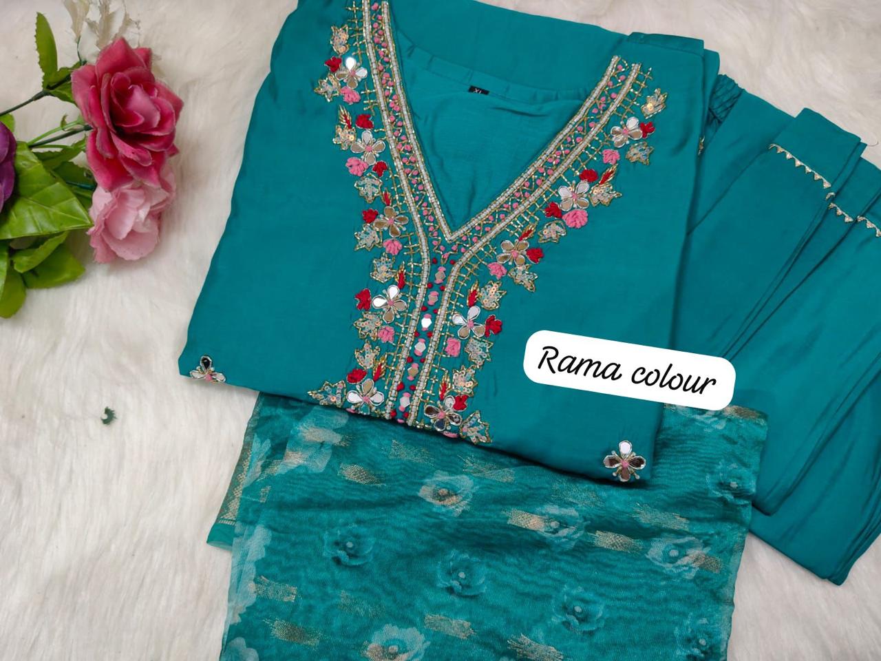 Kangana Beautiful Design Pure Roman Silk Suit set with Pant & Jaquard Border Dupatta Kurtisthan