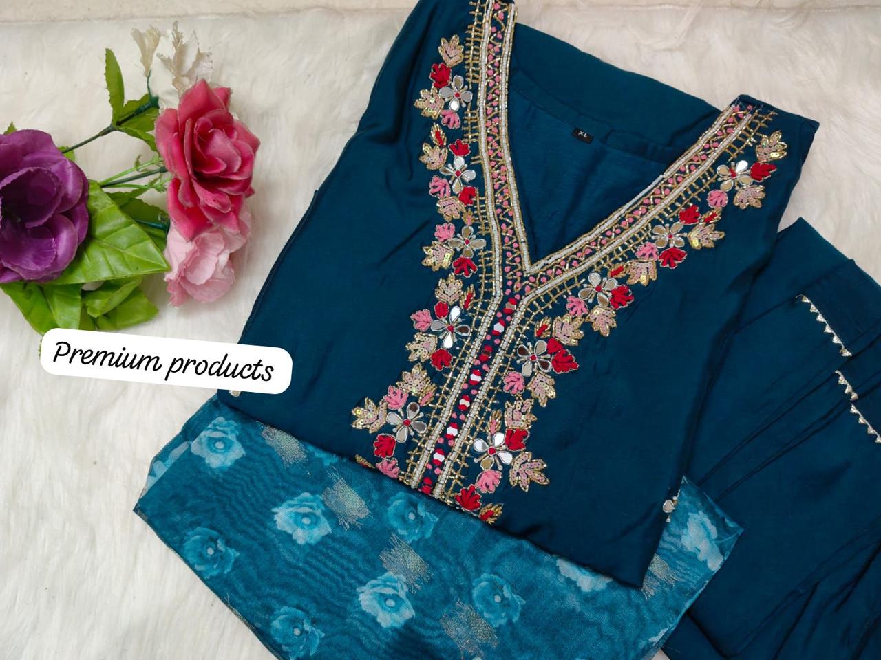 Kangana Beautiful Design Pure Roman Silk Suit set with Pant & Jaquard Border Dupatta Kurtisthan