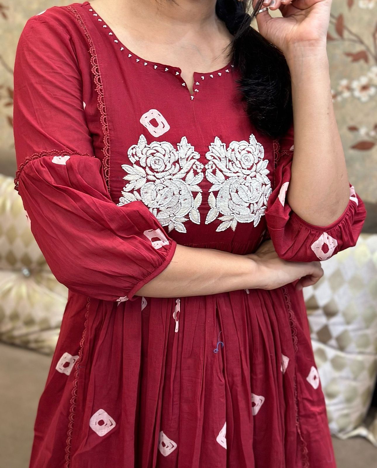 Janhvi Floral Embroidery Lace Work Pure Cotton Discharge Print Co-Ord Dress with Pant Kurtisthan