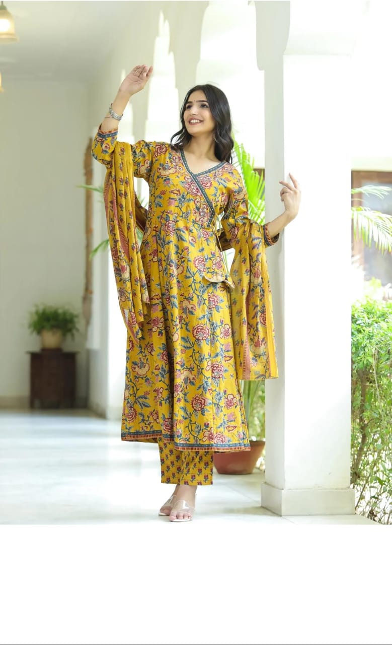 Anjana Leaves Hand Block Printed Designer Premium Cotton Anarkali Suit Set with Dupatta Kurtisthan