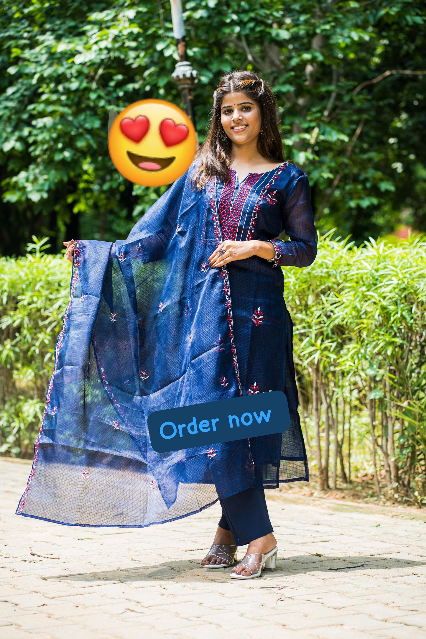 Aria Stunning Blue Pure Floral Kota Doriya Embroidery Suit Set with Dupatta