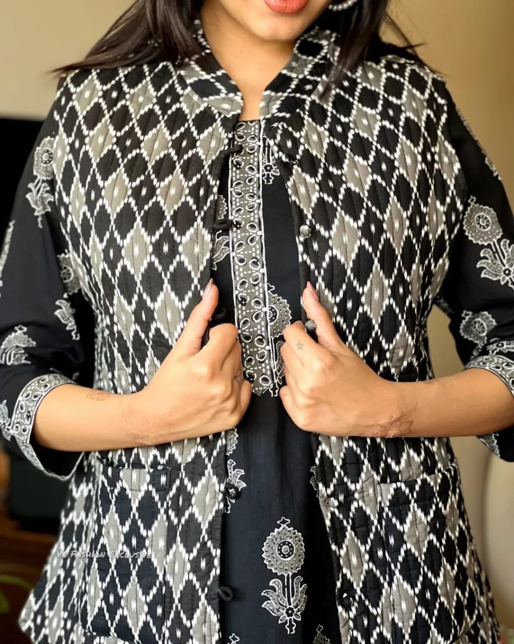 Gulnaz Stunning Reddish Black Printed Long Kurti With Pant And Jacket Set