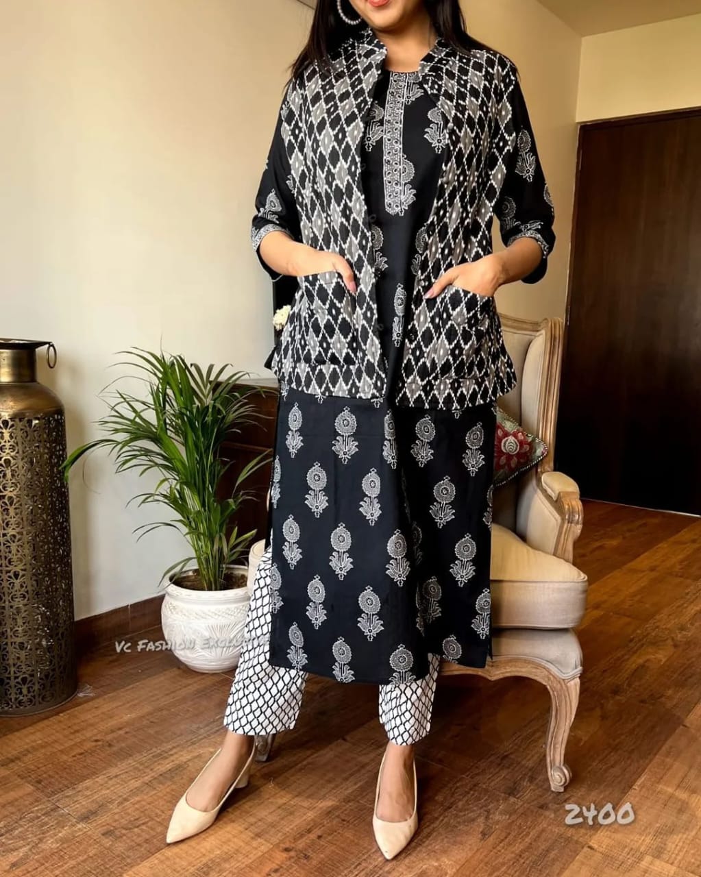 Gulnaz Stunning Reddish Black Printed Long Kurti With Pant And Jacket Set