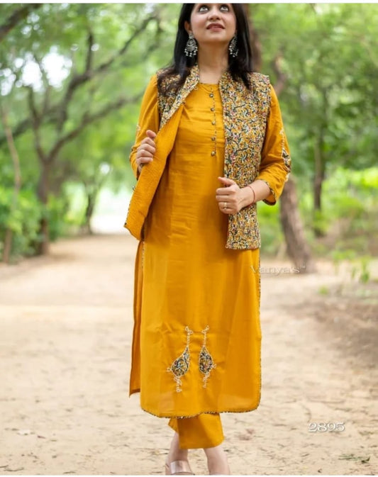 Priyali Stunning Orange Printed Long Kurti With Pant And Jacket Set