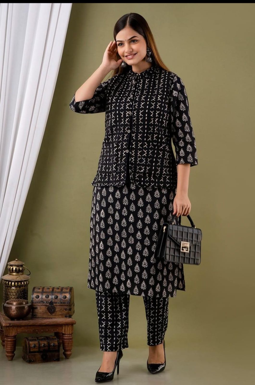 Malati Stunning Reddish Black Printed Long Kurti With Pant And Jacket Set