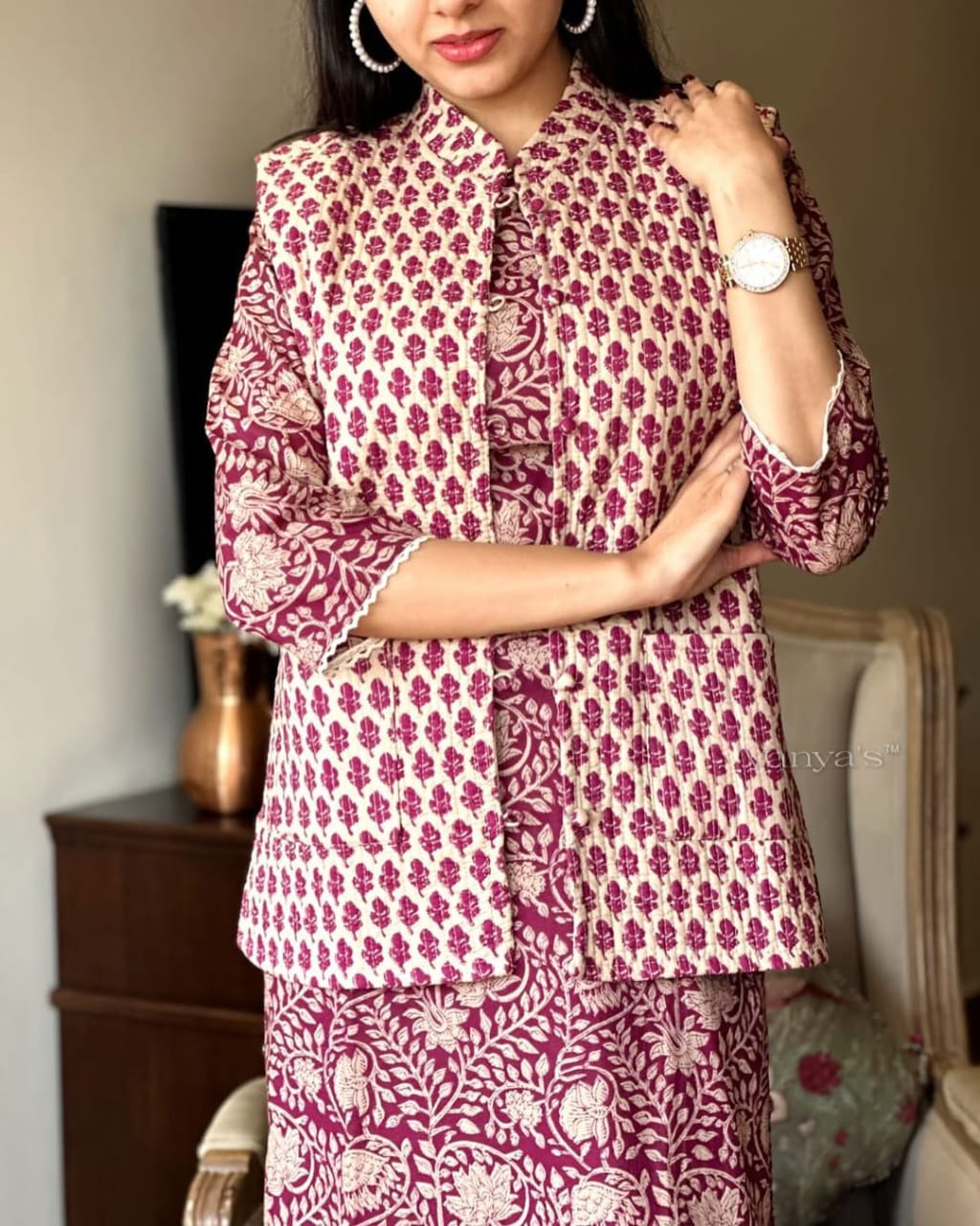 Yahvi Stunning Imperial Purple Cotton Printed Long Kurti With Pant And Jacket Set