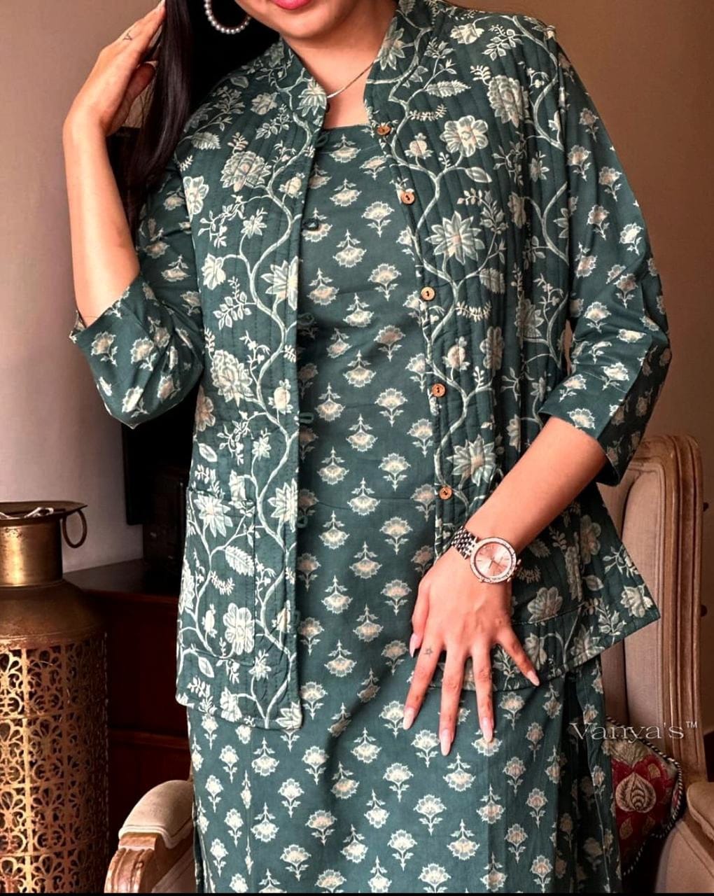 Ayra Stunning Bottle Green Cotton Printed Long Kurti With Pant And Jacket Set