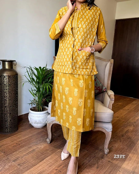 Sarisha Stunning Yellow Cotton Printed Long Kurti With Pant And Jacket Set