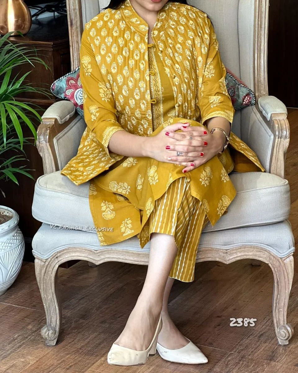 Sarisha Stunning Yellow Cotton Printed Long Kurti With Pant And Jacket Set