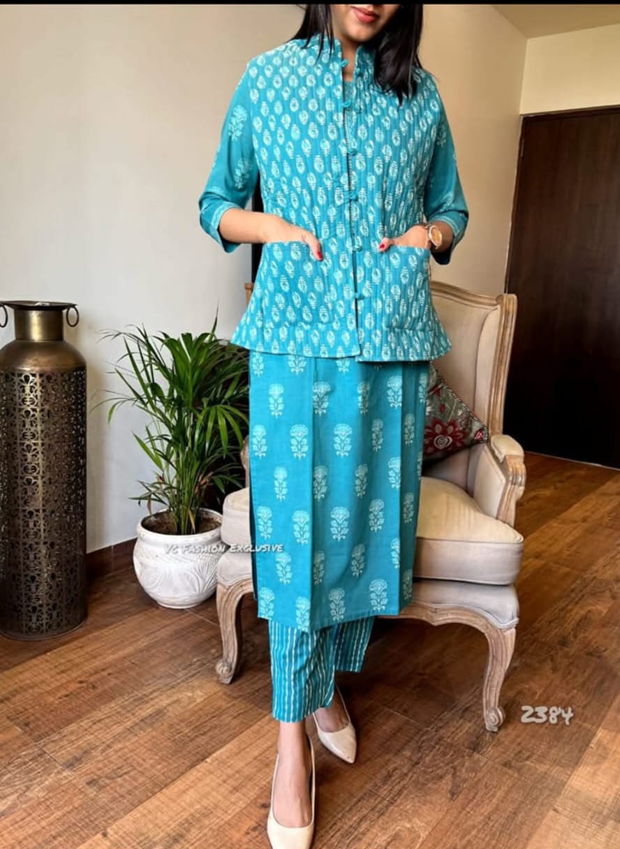 Priyali Stunning Sky Blue Cotton Printed Long Kurti With Pant And Jacket Set