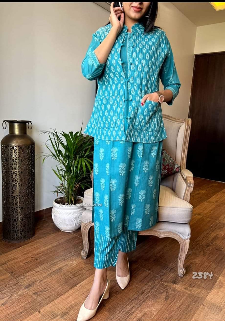 Priyali Stunning Sky Blue Cotton Printed Long Kurti With Pant And Jacket Set