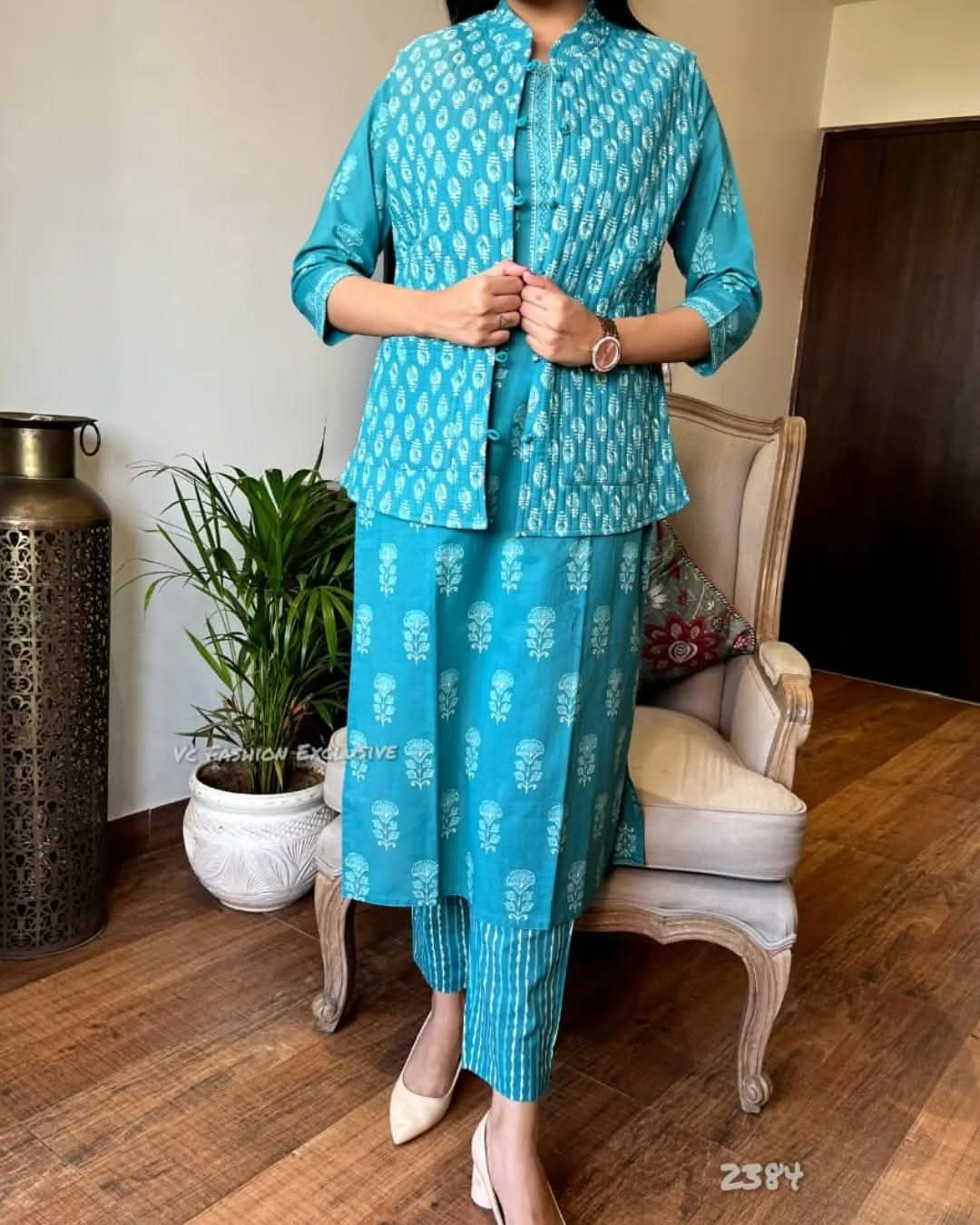 Priyali Stunning Sky Blue Cotton Printed Long Kurti With Pant And Jacket Set