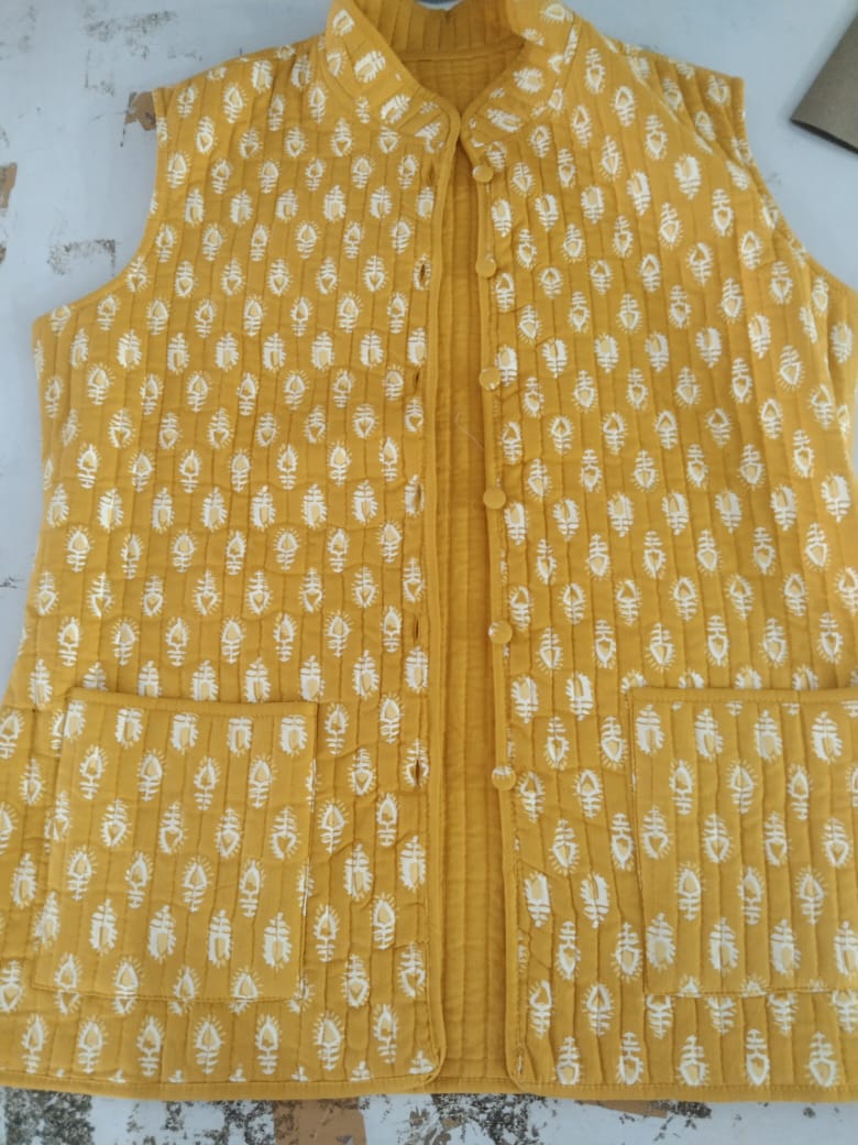 Sarisha Stunning Yellow Cotton Printed Long Kurti With Pant And Jacket Set