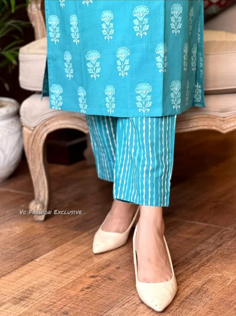 Priyali Stunning Sky Blue Cotton Printed Long Kurti With Pant And Jacket Set