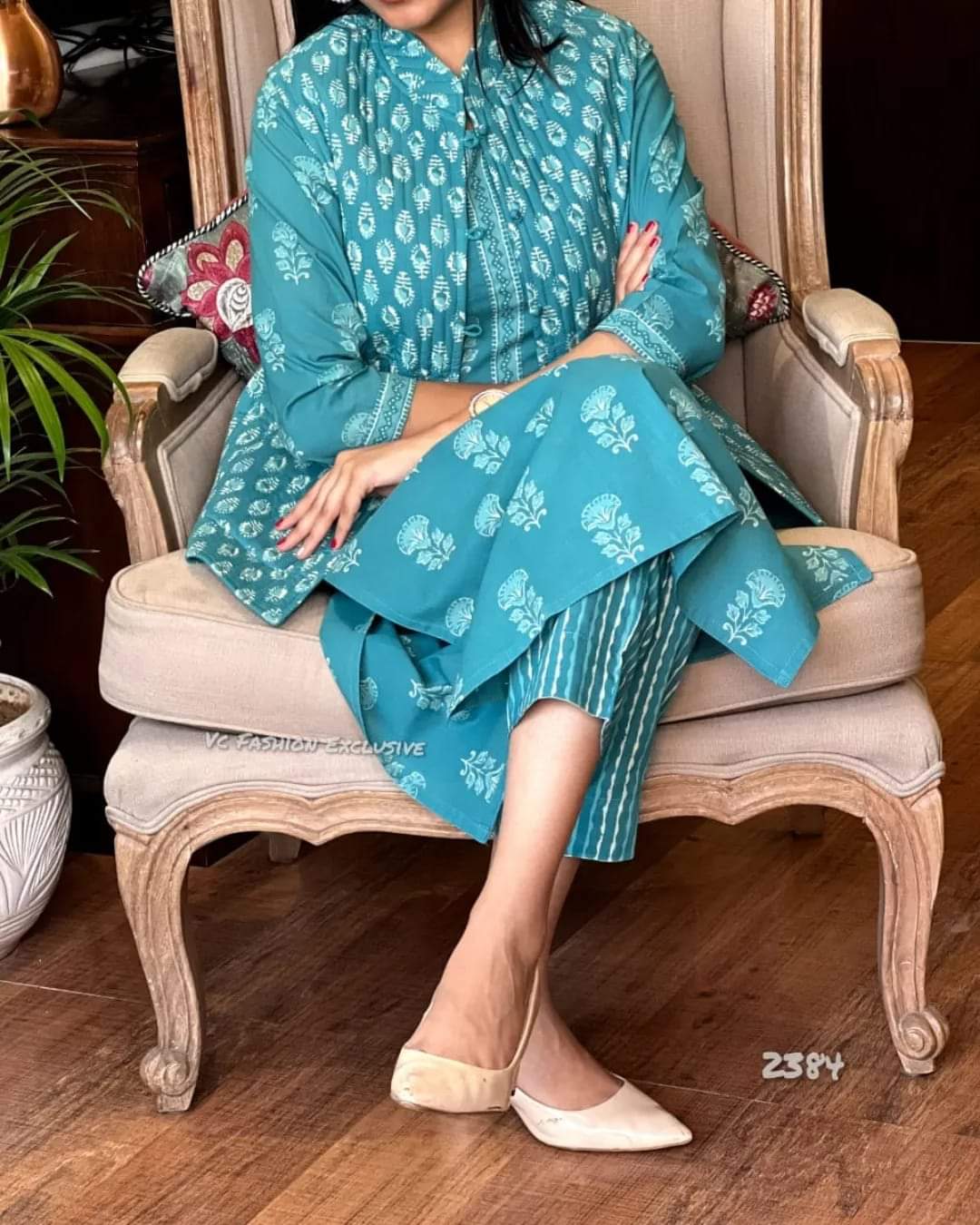 Priyali Stunning Sky Blue Cotton Printed Long Kurti With Pant And Jacket Set