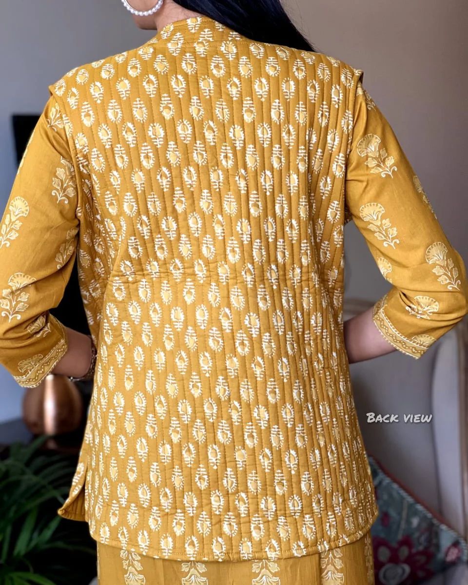 Sarisha Stunning Yellow Cotton Printed Long Kurti With Pant And Jacket Set