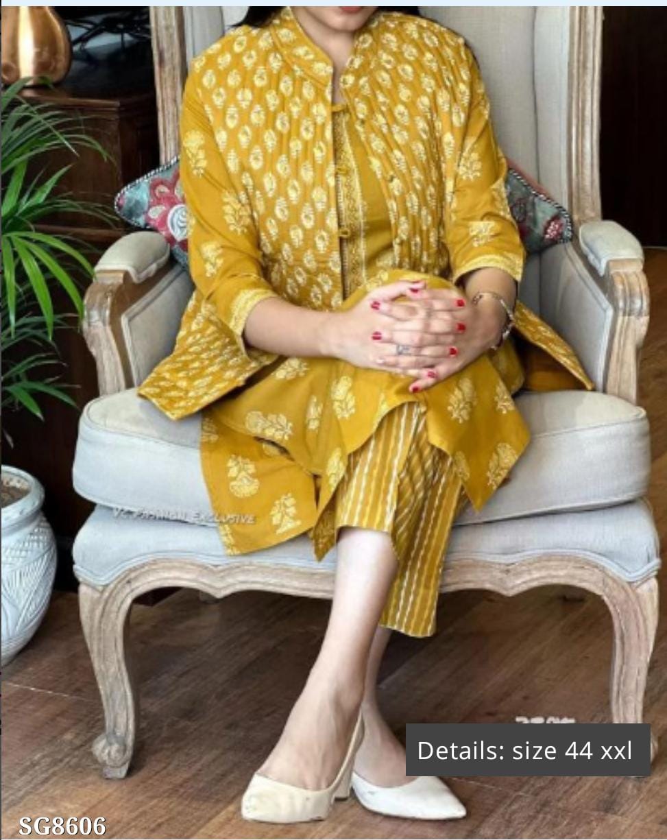 Sarisha Stunning Yellow Cotton Printed Long Kurti With Pant And Jacket Set